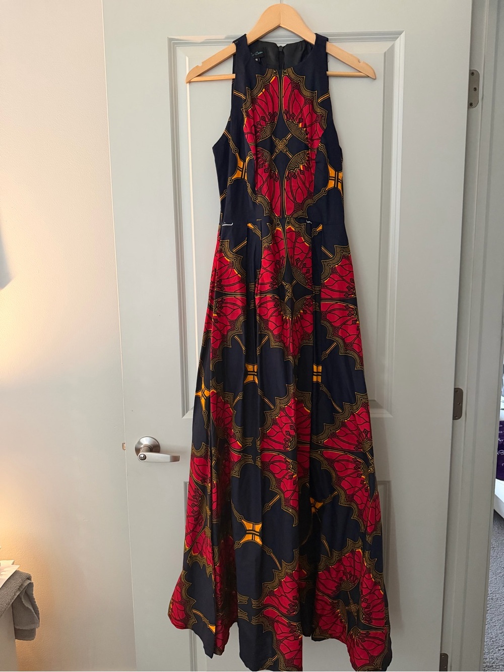 Sleeveless Red and Black Patterned Maxi Dress with Gold Accents - Picture 3 of 5